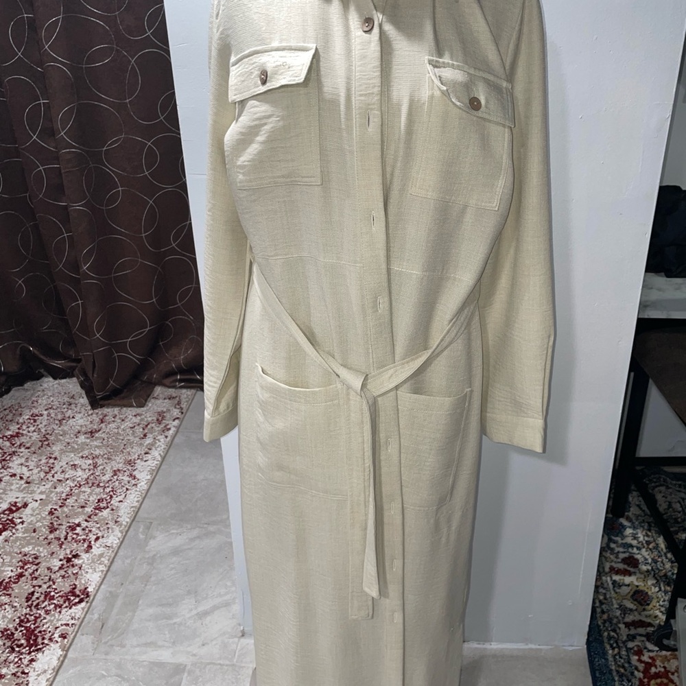 Cream Long Sleeve Belted Dress